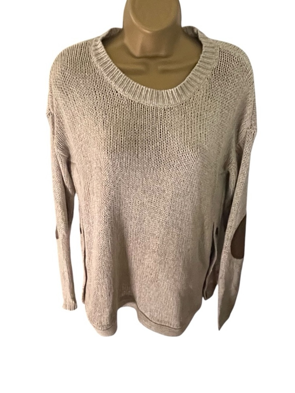 Harper Heritage Crew Neck Pullover Sweater Elbow Patch Side Buttons Sand S